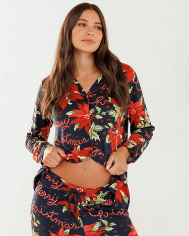 Maternity Navy Poinsettia Flower Popper Button Up Long Pyjama Set